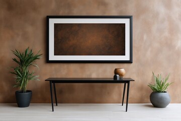 Flat wall mockup, unpolished rusted metal texture background with sleek black frame, soft natural light