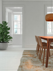 Modern dining area with wooden furniture and large windows in a bright interior space