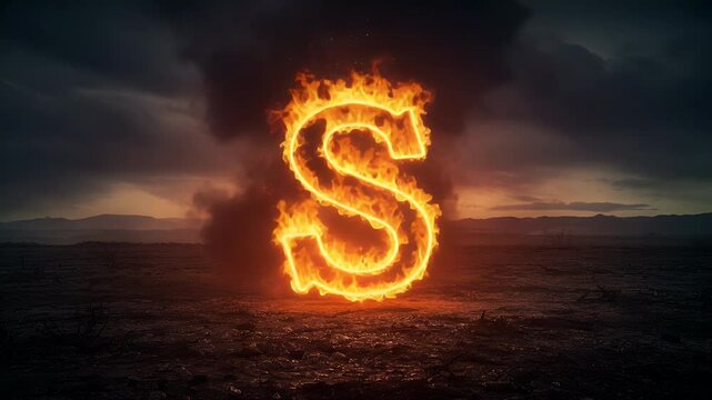 Burning Letter S Animation on Dark Wasteland Background