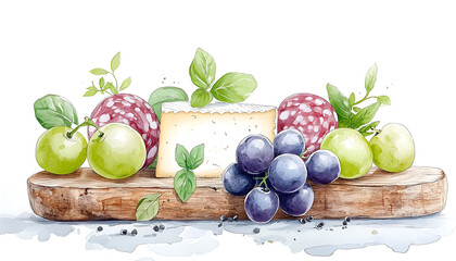Cheese with grapes, and salami board.