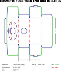 Detailed packaging dieline template for cosmetic tube tuck end box in flat view