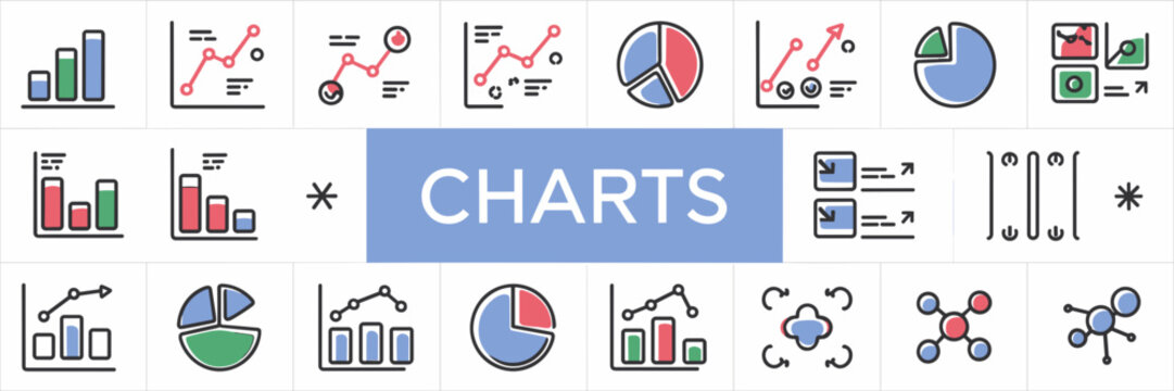 Colorful chart and graph icon set with label &ndash; Perfect for business dashboards, presentations, or digital interfaces.