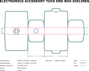 Detailed dieline diagram for an electronics accessory tuck end packaging box template