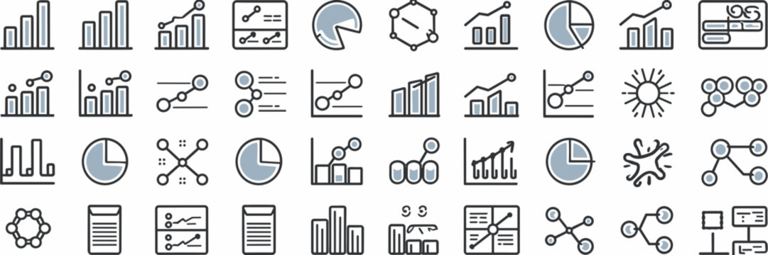 Minimal vector icon sheet of bar, line, pie, and scatter charts in light grey &ndash; Perfect for infographics, web dashboards, or educational design