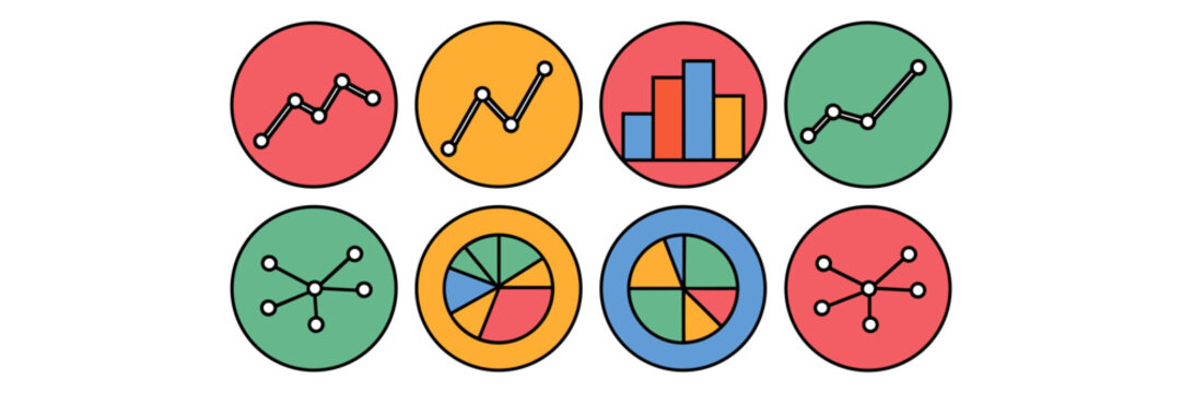Chart icons in circular frames on white background &ndash; Suitable for finance apps, infographic designs, or web development resources.