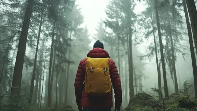 A hiker in a red jacket walking into a foggy forest with tall trees and beams of light breaking through the mist, capturing a sense of solitude, adventure and peaceful nature