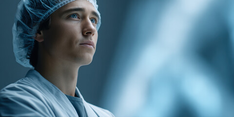 Young engineer wearing clean lab coat and hairnet looks thoughtfully into distance in sterile, blue toned laboratory environment