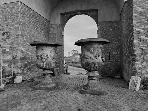 Pratica di Mare, Pomezia, Italy-April 15, 2025, some ancient artifacts within the area of the Borghese Castle.