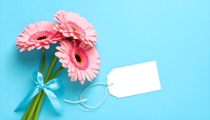 Mother's Day holiday celebartion birthday greeting card  White empty gift tag and gerbera 