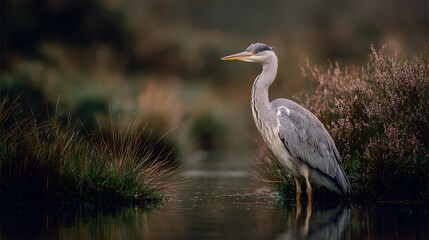 A lone heron stands in shallow water pond's edge