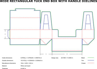 Detailed packaging design template for a wide rectangular tuck end box with handle outlines