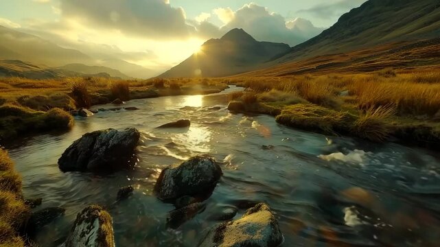 Mountain stream cascading over rocks during golden hour with soft light reflecting off the water, capturing a peaceful and natural flow in a remote and rugged landscape