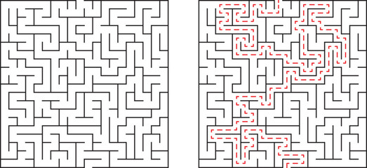 Complex maze illustration with solution path showing route through challenging puzzle