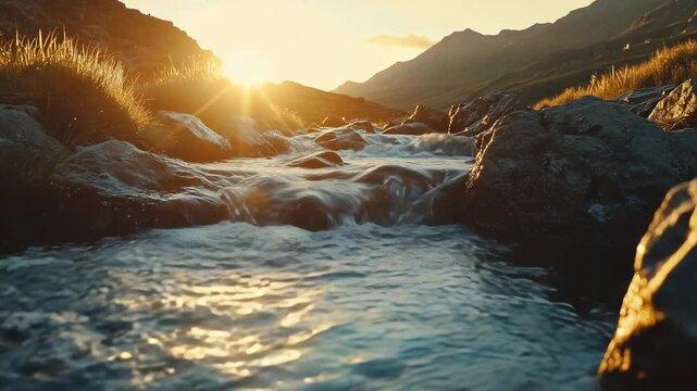 A mountain river rushing between rocks as the sun sets behind the hills, creating a powerful and dramatic water scene filled with movement, glow, and natural energy