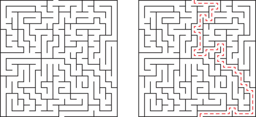 A square maze with the correct solution highlighted in red dashed lines on white background