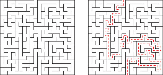 A complex maze with solution path labeled in red showing the correct route