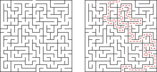 Complex maze illustration with solution path depicted in red to represent problem solving