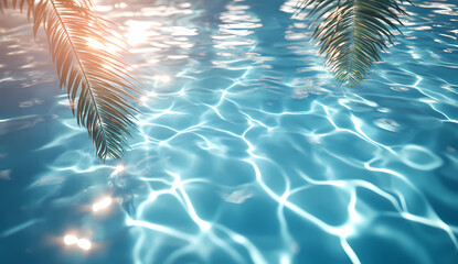 Serene turquoise water shimmers under sunlight, with palm fronds gently swaying above.
