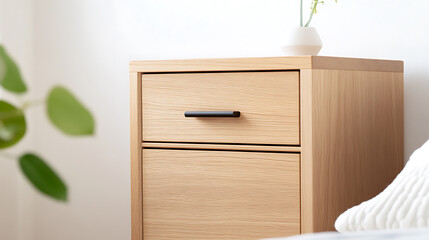 Nightstand featuring two drawers and a dark handle. Modern furniture piece.