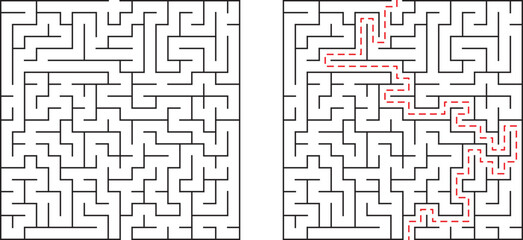 Complex maze illustration offering a challenging puzzle with solution pathway indicated