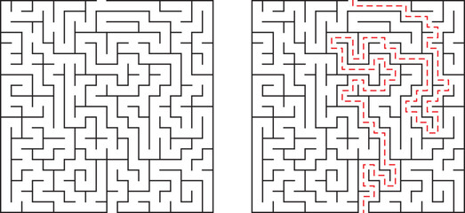 Complex maze illustration with solved path showing the way to success and problem solving