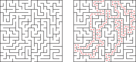 A complex maze with and without a solution path displayed clearly in black and red