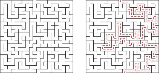 Complex black and white maze puzzle with red dashed line showing solution