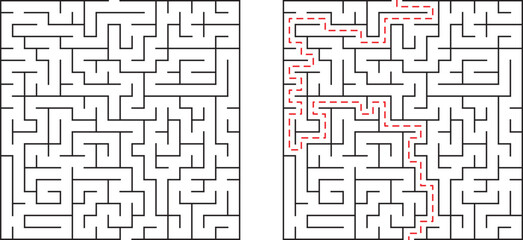 Maze with solution illustrated showing path through complex network of walls and corridors