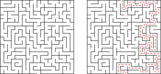 A challenging maze with a solved path shown in red illustration solving the puzzle