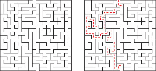 Complex black and white maze with solution line illustrating problem solving and strategy
