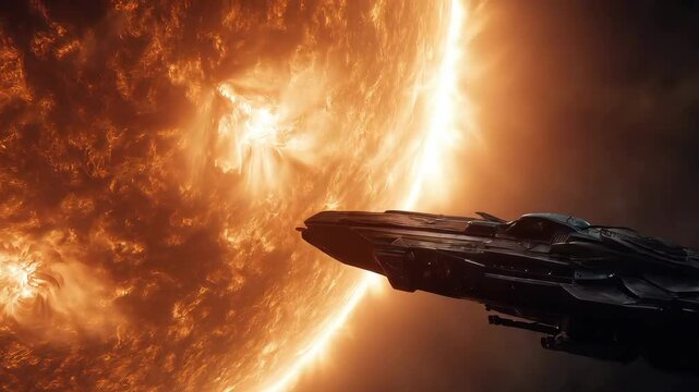 A spacecraft nears the surface of the sun. Blazing plasma and radiant energy engulf the frame, highlighting extreme exploration and cosmic danger.