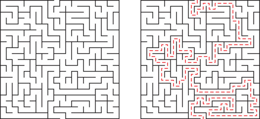 Complex maze solution with red path showing the correct strategy and problem solving process