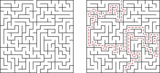 Black and white maze with solved path showing the correct route through complex puzzle