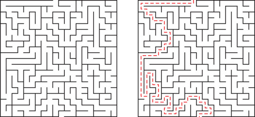 Complex black and white maze with marked solution demonstrating problem solving and strategy