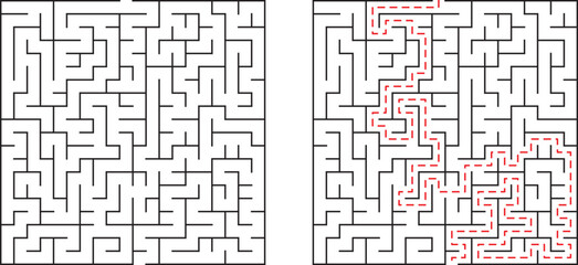 Complex black and white maze with red path showing solution for puzzle solving