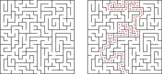 Complex labyrinth puzzle with unsolved maze and solution path depicted in red