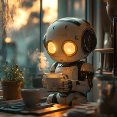 Fototapeta premium Mini Robot Making Coffee in a Cozy Kitchen