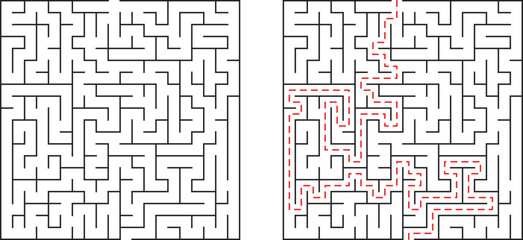 Maze illustration with solution showing path through complex labyrinth puzzle design
