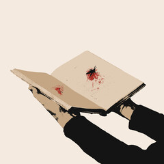 Dramatic Illustration of a Squashed Insect Between the Pages of an Open Book, Blood Staining the Paper ,A Symbolic and Disturbing Visual Narrative