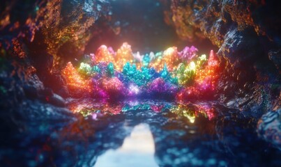 Fototapeta premium Colorful crystal cave reflection, fantasy landscape, digital art, background