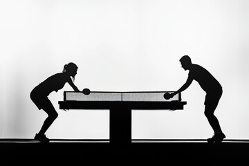 Black and white silhouette table tennis duel