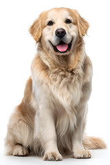 A golden retriever sits contentedly with a happy face, showcasing its glossy fur and cheerful demeanor