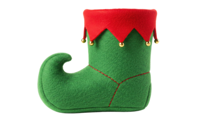 Green elf boot Christmas stocking with red cuff isolated on white
