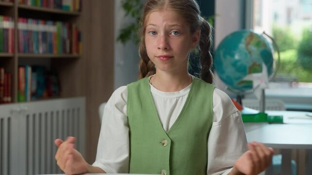 Sad upset Caucasian teenager junior school little girl child doubtful student kid schoolgirl pupil looking at camera dont know answer shrugging shoulders gesture fail exam mistake in library classroom