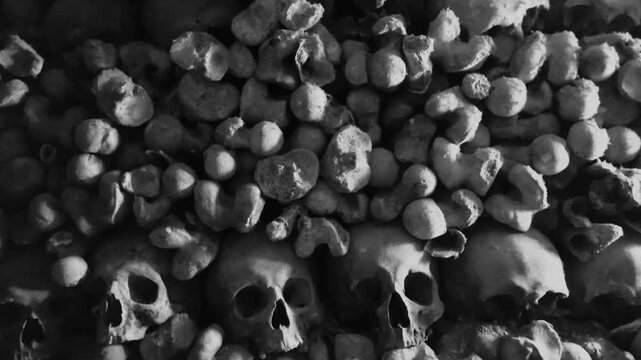 Vintage film-stylised black and white Video of many Human Skulls and Bones arranged in rows in Catacombs.