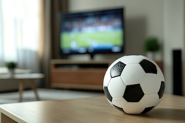 A soccer ball placed on a living room table