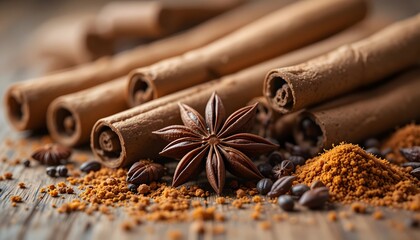 Beautiful Arrangement of Cinnamon Sticks and Star Anise on Wooden Surface with Ground Spices.