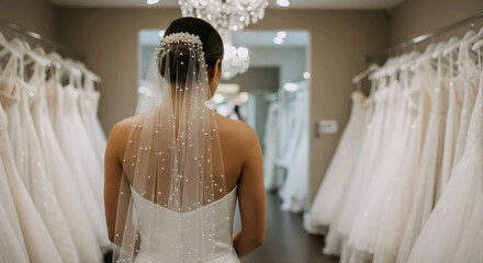 A woman in a white wedding dress with a veil stands in a bridal shop. Bride choosing her final dress in a boutique setting. Marriage planning and anticipation concept for celebration.