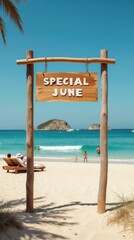Tropical vacation destination with promotional summer price banner

