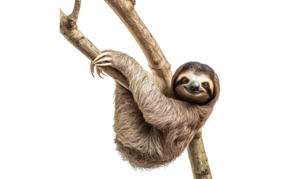 Sloth hanging from a tree isolated on transparent white background
